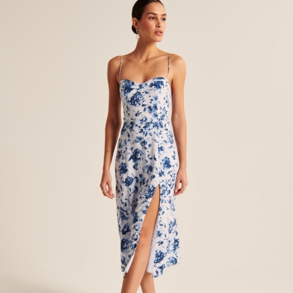 Abercrombie blue floral high slit midi dress XS